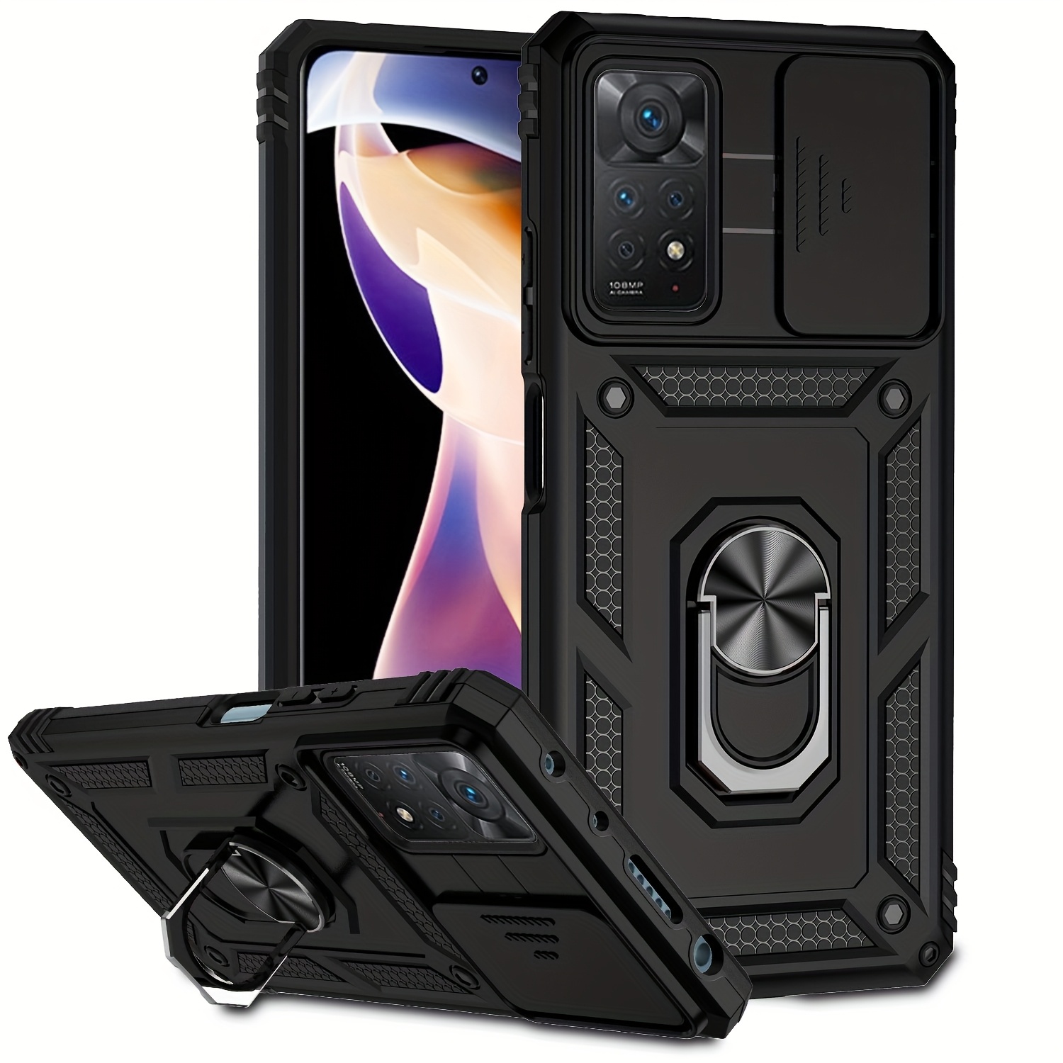 TEMU para Teléfono - Carcasa Antigolpes de Capa con Soporte Metálico y Cubierta Deslizante para la Cámara para Redmi Note 11 11Pro Pro+ E Tprodesign