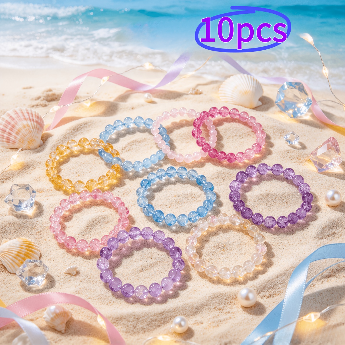 10pc Multi-Color Ice-Crack Burst Flower Bead Bracelet Set