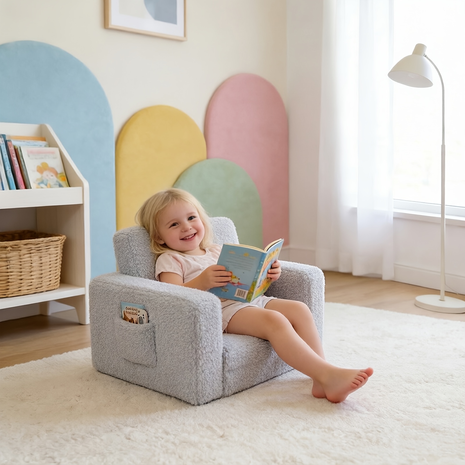 Kids Sofa 2-in-1 Convertible to Recliner Chair - Soft Plush Gray/Pink/White Youngsters Lounge Chair with Storage Pocket, Cozy Folding Playroom Furniture for Boys And Girls, Youngsters Playroom Furniture Pocketed Armrests | Velvet Upholstery, Chair