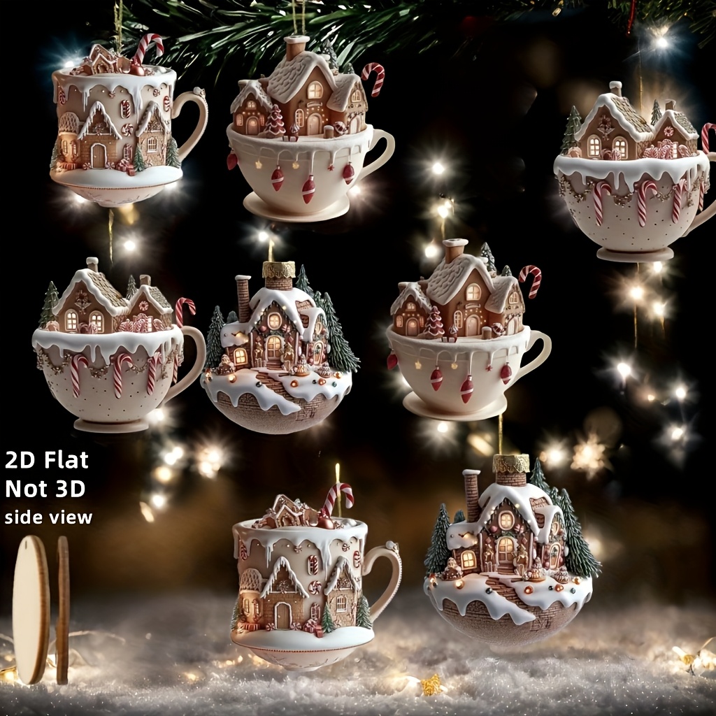 2d Flat - 8pcs Christmas Gingerbread House Ornaments - 2d Flat Decorative Coffee Cups With Candy Canes And Snowflakes - Festive Wooden Hangings For Decor And Party Scenes