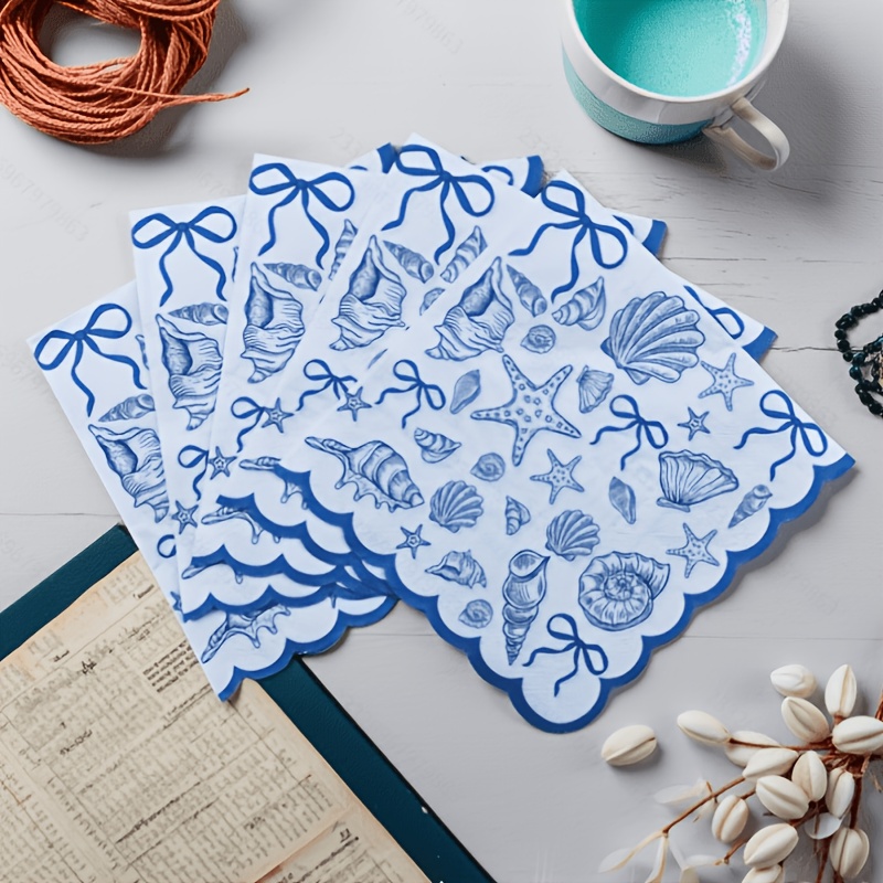 TEMU 20 servilletas de papel azules y blancas con diseño de conchas y festoneado, servilletas desechables de y para en , fiestas náuticas, despedidas