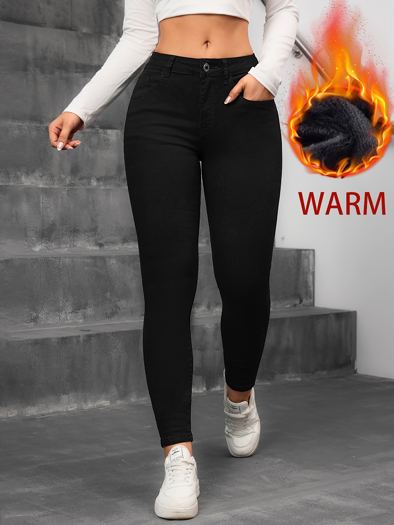 Side profile of the skinny fit high stretch denim