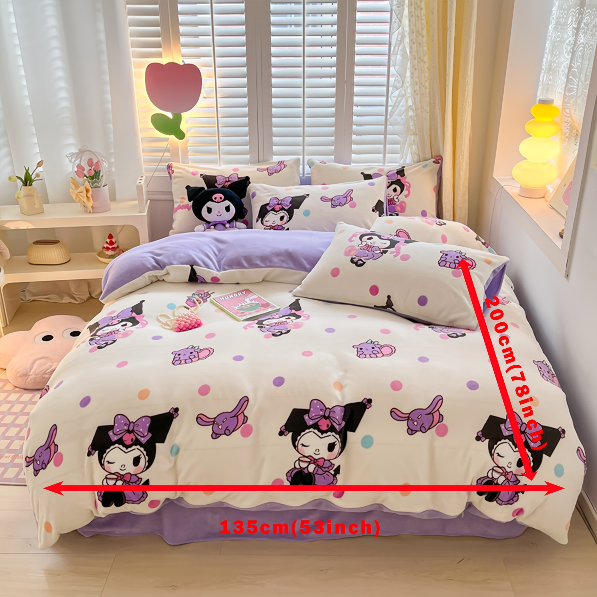 E-shop Sanrio Hello Kitty My Melody Cinnamoroll Kuromi 3-teiliges Bettwäsche-Set, ein Bettbezug zwei Kissenbezüge mit Cartoon-Aufdruck, für alle
