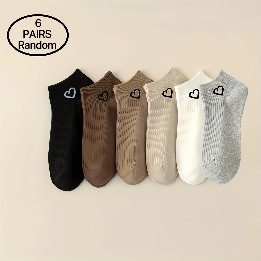 Image of Random 6 Pairs/12 Pairs/30 Pairs Solid-colored Heart Dot Pattern Versatile Teen Short Socks, For Teenager, For Teenager