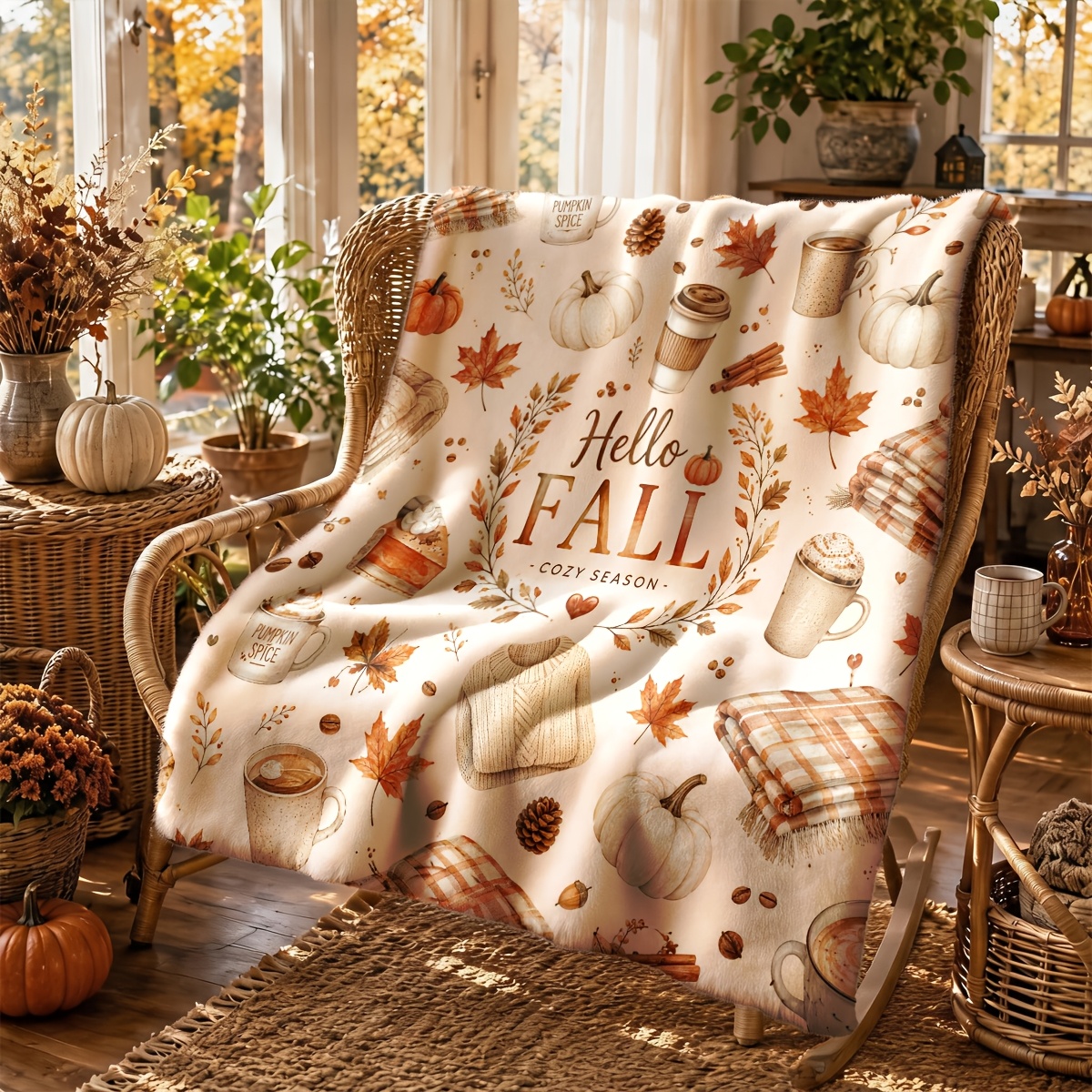 TEMU Autumn Warm Coffee Pumpkin Plaid Blanket, Hand-painted Theme - Large Size, Soft, Lightweight, Warm, Suitable For - Perfect For Use On Beds,