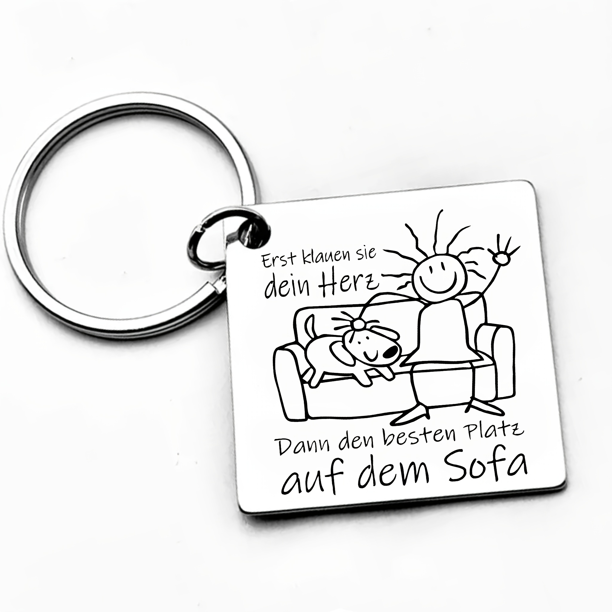 Image of German Text And Design, A Fun Stainless Steel Keychain For Daily Life. First Steal Your Heart, The Best The Sofa. A Statement For Pet Lovers, And A Thoughtful Gift For Who Their Pets