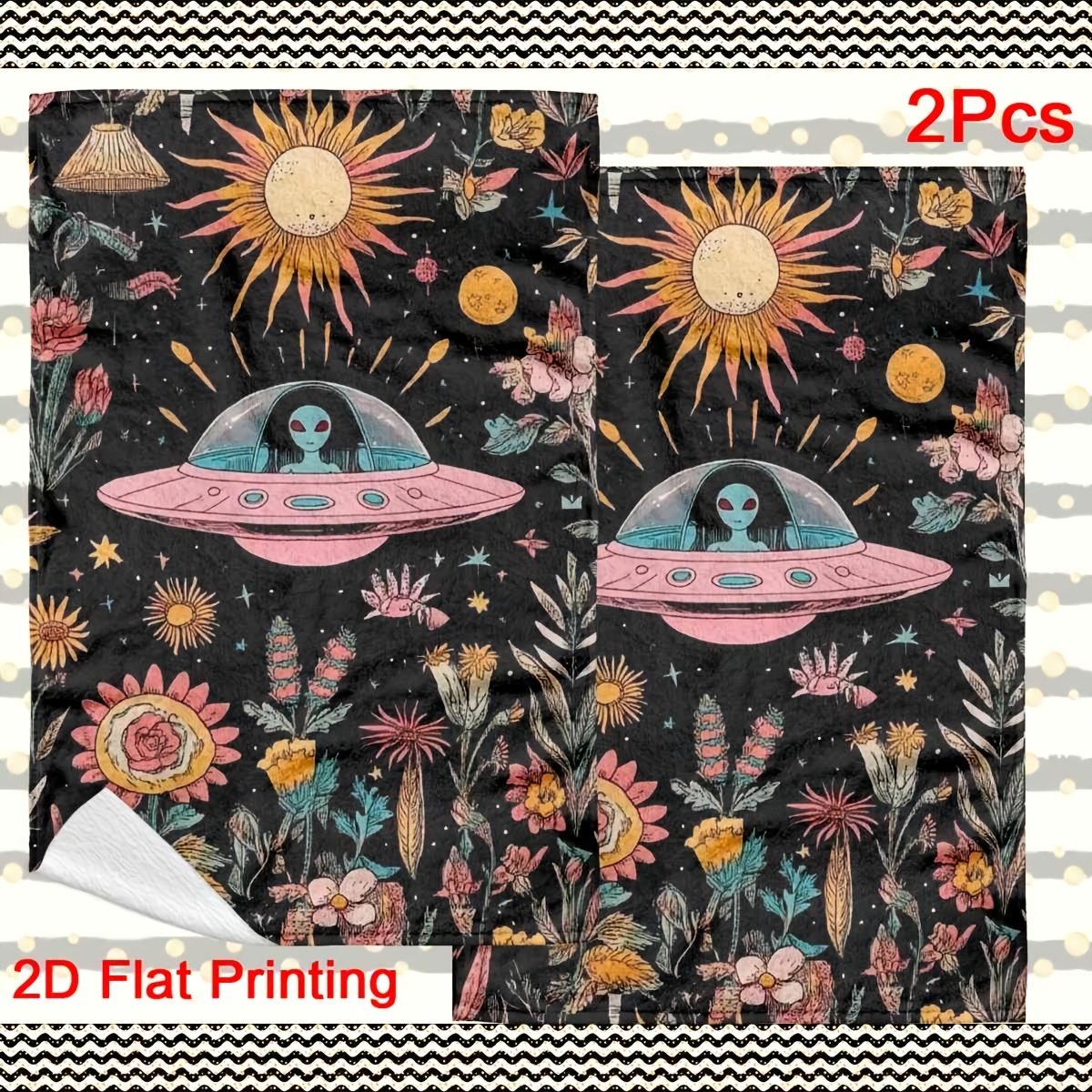 TEMU 2pcs Modern Ufo Themed Kitchen Towels With Spaceship & Ufo Design - Soft Dish Cloths Suitable, Bathroom, - Fun Decorative Tea/ Towels