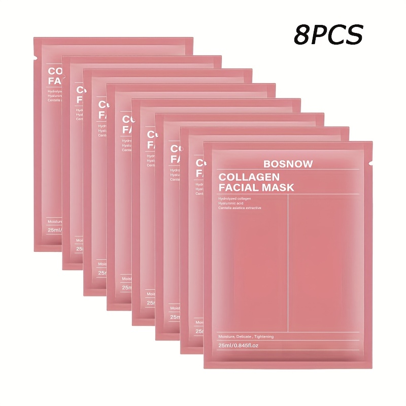 Image of 1pc/2pcs/3pcs/6pcs/8pcs Bosnow Collagen Face Masks Suitable For Dry Sagging Skin, Overnight Hydration & Collagen Boosting, Fragrance Sheet Masks For, Gelatinous Layer For Glowing Skin