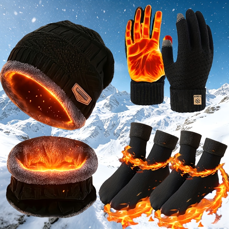 TEMU Men's Winter Hat, Scarf, Gloves, And Socks Set - Warm Hat, Fleece Neck Warmer, And Touchscreen Gloves, Extra-thick And Warm Additions, Suitable