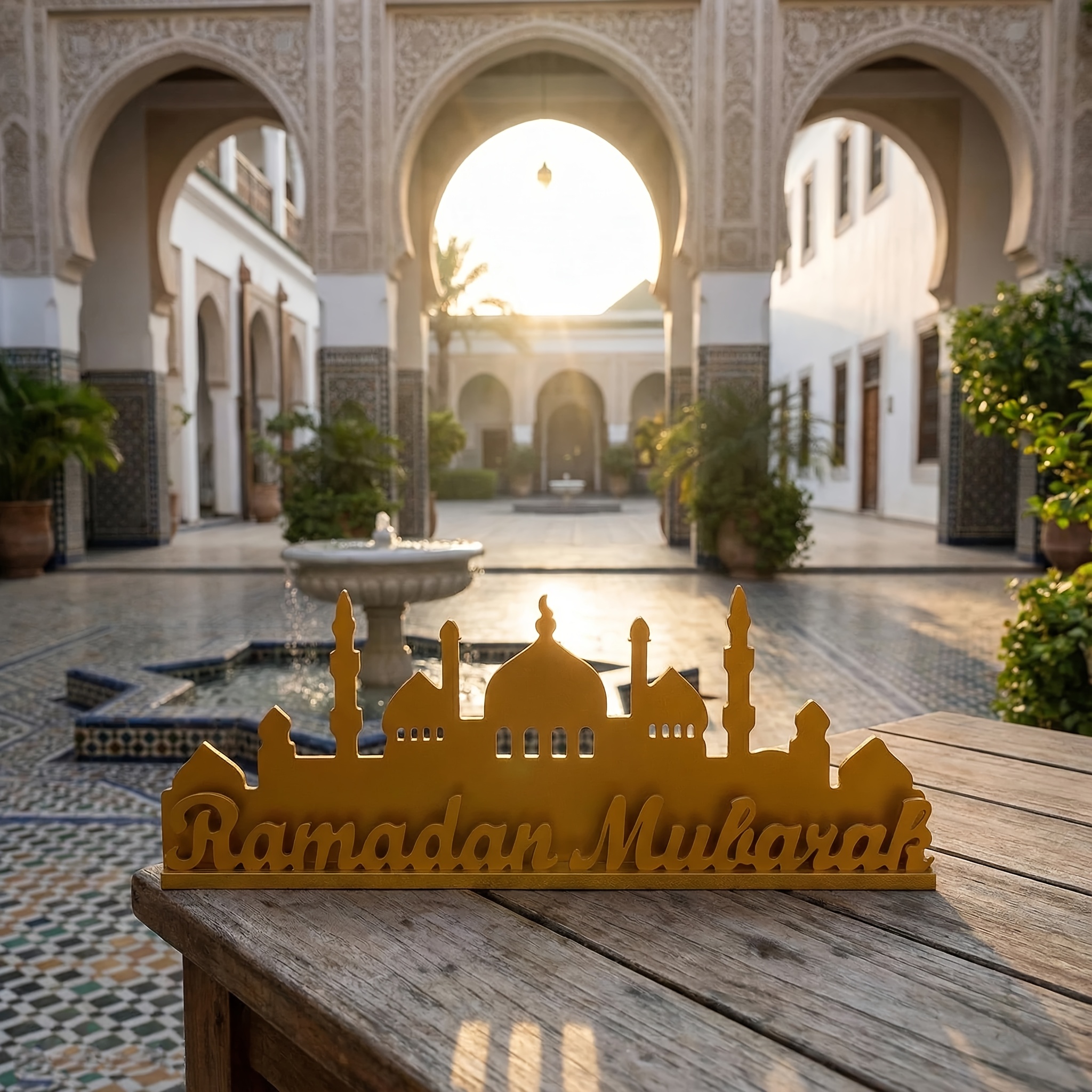 2d Flat Wooden Ramadan Table Logo, Ramadan Mubarak Letter Logo, Eid Al-fitr Decoration, Family Golden Dining Table Center Display, Suitable For Family, Office, Kitchen, Party Decoration Gifts