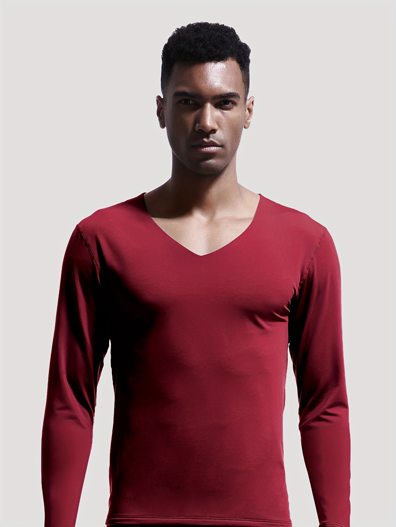 *'s Fit V-Neck Long Sleeve Base Layer Shirt, Warm Innerwear Solid  Color, Stretchy Polyester, Knitted Fabric