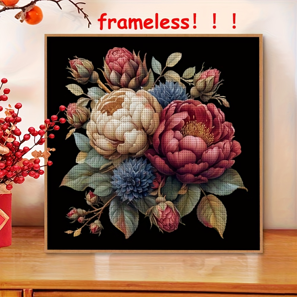 TEMU 1pc 11ct Frameless Cross Stitch Kit-peony Bouquet With On Black, Home Decoration Art Handmade Embroidery Kit, Including Patterned Fabrics And