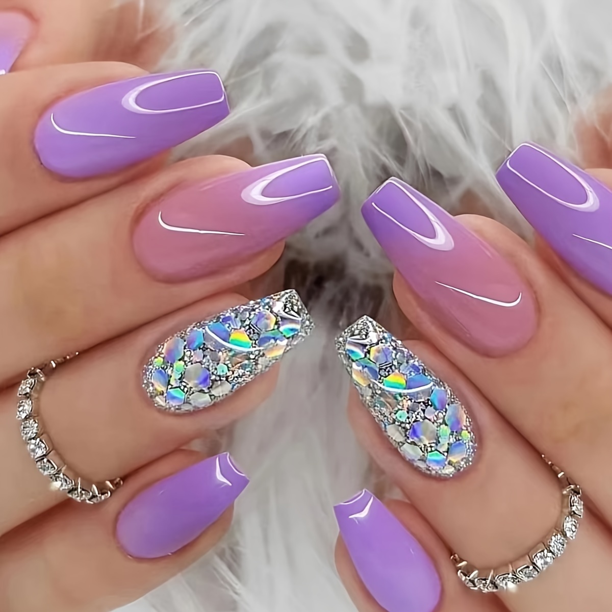 TEMU Look With 24pcs Of Wearable Nail Patches, High-end Purple Design, Temperament-enhancing, Versatile, Personalized Fake Nails, Extended Detachable Nails With Jelly Glue 1 Nail File 1