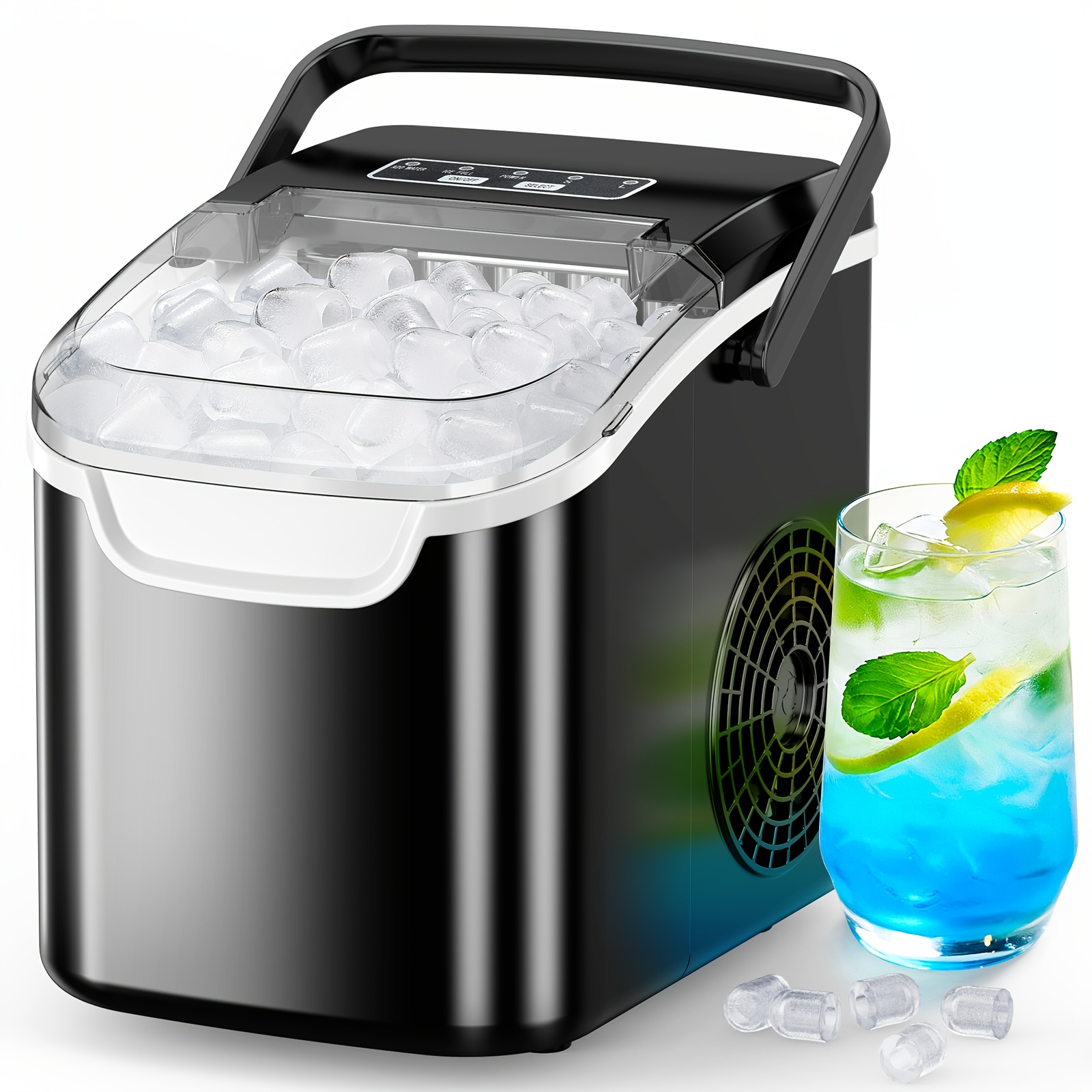 TEMU Kndko Ice Maker With Handle ( Ice/ Bullet Ice), Self Cleaning, Ice Maker 33 Lbs/day, Bullet Ice Maker 26 Lbs/day, With Ice Scoop, Ice Basket For Home/bar/party/office