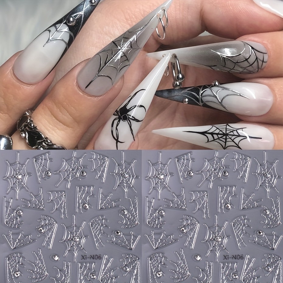 

2-piece Halloween Spider Web Nail Art Stickers - 3d Silvery Glitter Cobweb Decals For Diy Manicure, Self-adhesive & Disposable