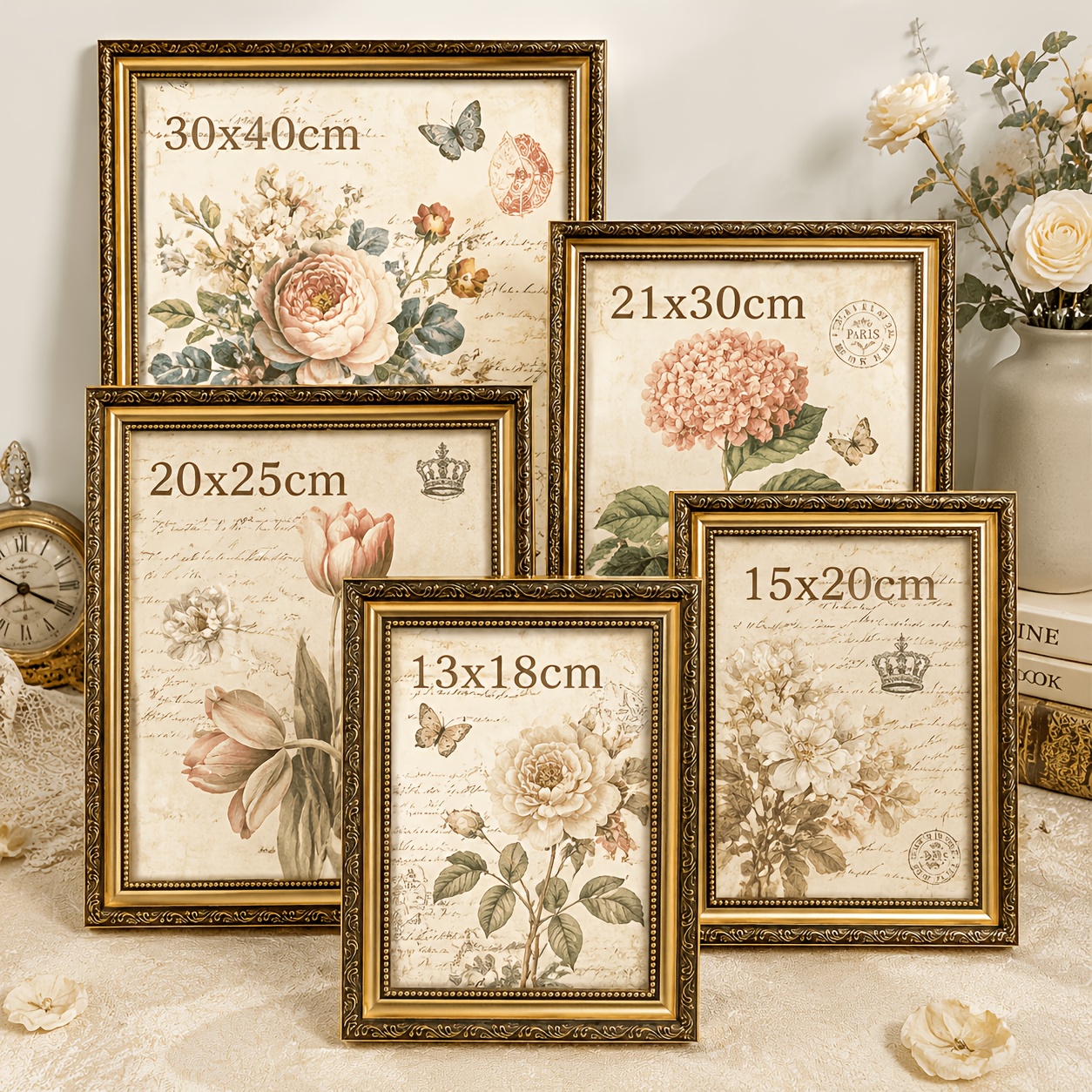 one vintage golden picture frame designed in a european ornate style suitable for hanging on walls or displaying on tables this decorative frame is perfect for posters and artwork featuring a sturdy plexiglass cover
