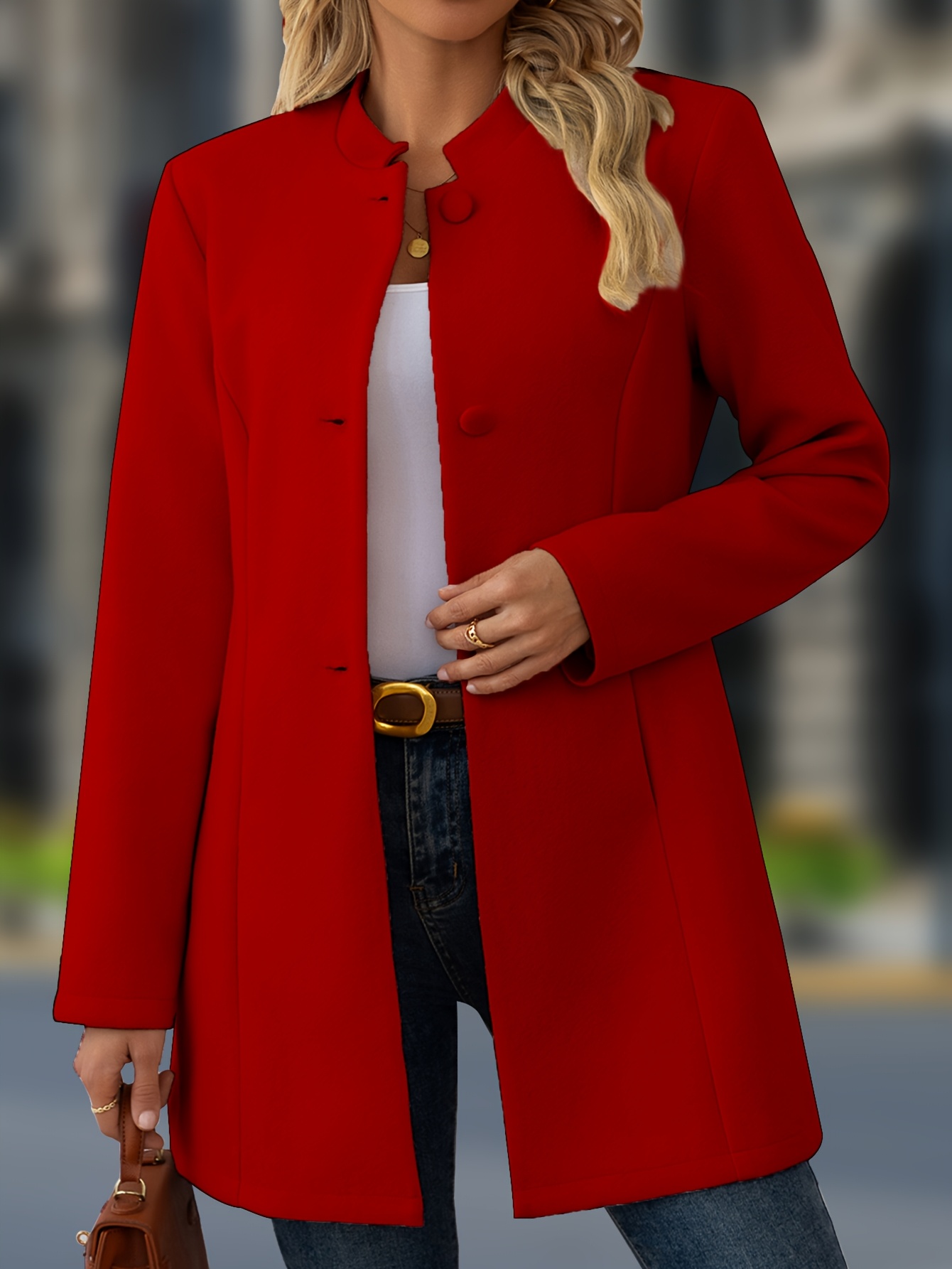Chaqueta casual para mujer de poliéster, cuello alto, manga larga, abotonada, color sólido, para otoño/invierno - Imagen 9