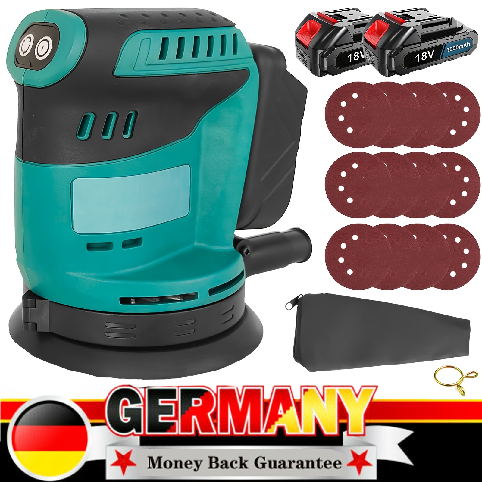 18V Draadloze Willekeurige Orbitale, Orbitale Schuurmachine Met 2x 3000mAh Lithium-ionbatterijen,