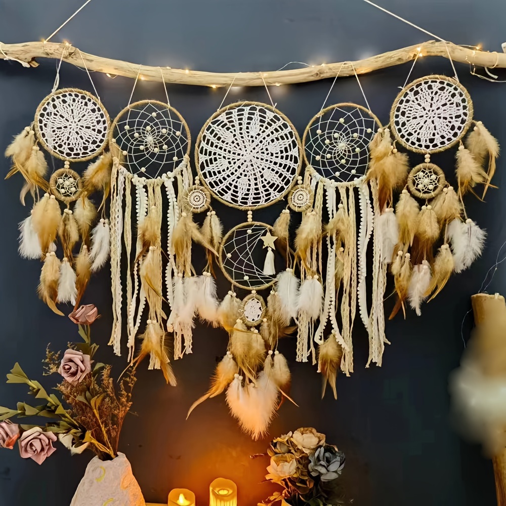 5pcs Bohemian Dreamcatcher Wall Hanging Pendants With Feathers & Boho Iron Dream Catchers For Bedside, Wedding, Living Room Decor - Boho-chic Room, Christmas/valentine's Day Gifts (5pcs)