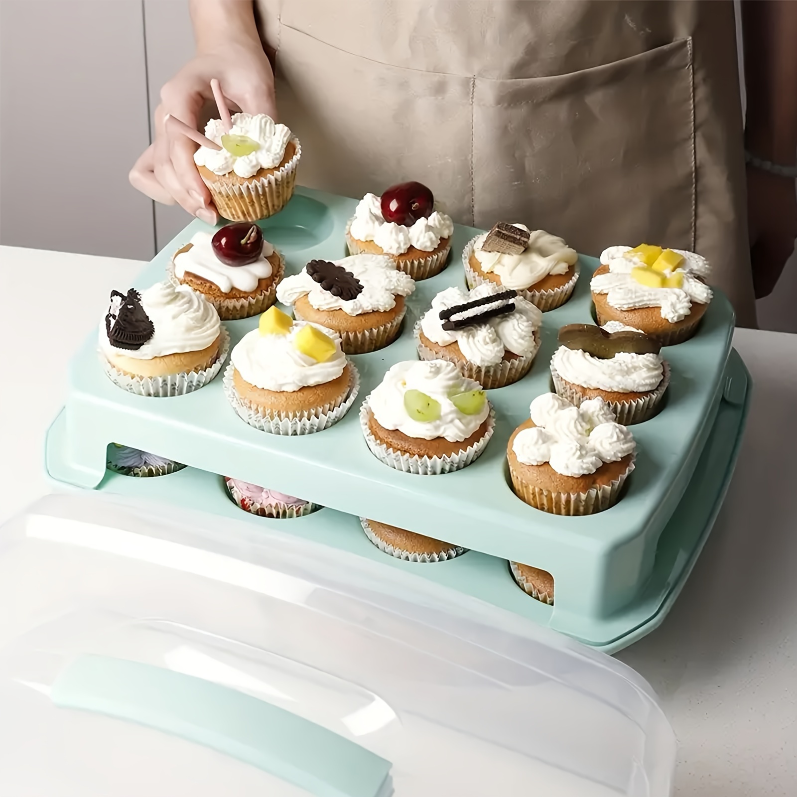 Portable Plastic Cupcake Carrier with Stackable Cupcake/Muffin Tray  Food-Contact Safe Cupcake Storage Container with Handle for Home Use
