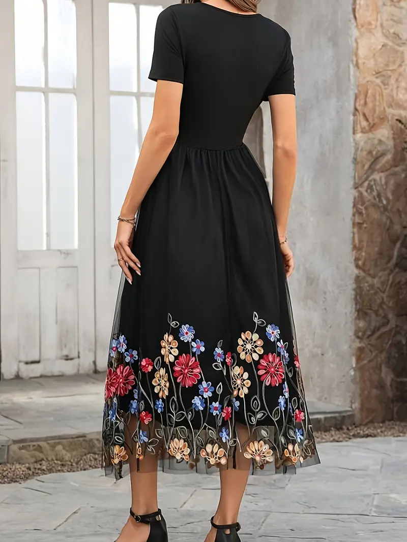 casual overlay dress Gamivast Dresses for Women Off Shoulder Lace Dress Short Sleeve A-Line Dress Floral Crochet Overlay Elastic Waist Casual Party Dress Wedding Guest