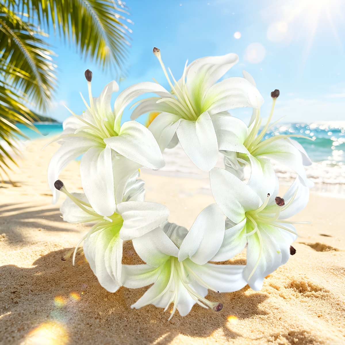 TEMU Hawaiian-style Artificial Lily Flower Hair Tie, Seaside Vacation-themed Hair Cord, Versatile Beach Photo Shoot Hair Accessory, Suitable For Bun