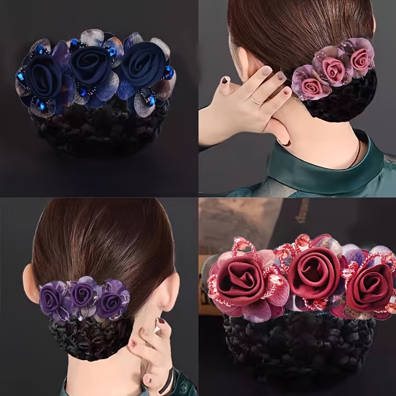 

Elegant Rose Flower Hair Bun Net With Spring Clip - Vintage & Simple Style, Alloy, Multiple Colors Available