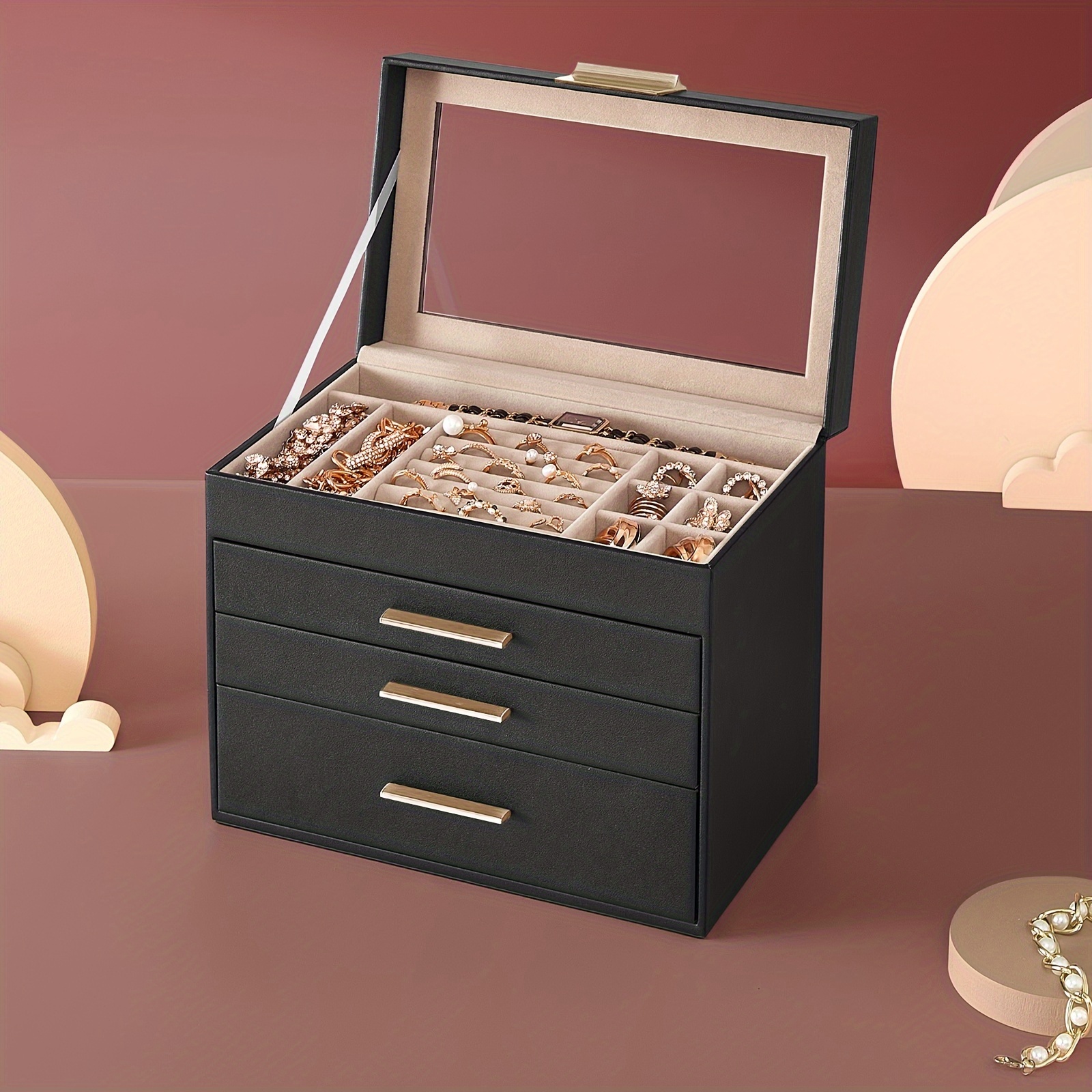 

1pc Jewelry Box With Glass Lid, 4-layer Jewelry Organizer With 3 Drawers, For Sunglasses, Jewelry Storage Organizer Box, Home Storage Supplies