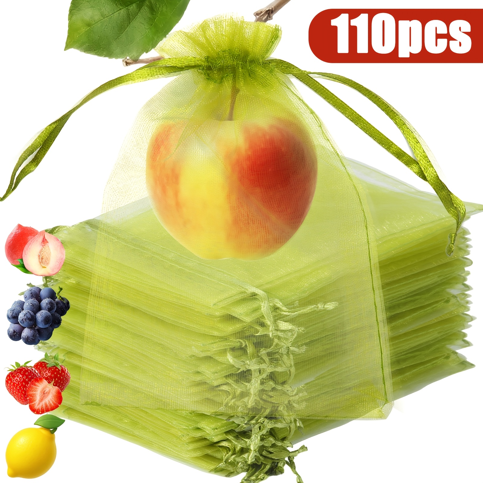 E-shop 110 Stück 4"X6" (10cm X 15cm) Wiederverwendbare Armee-Grunde Fruchtschutzbeutel - Feines Netz Organza Kordelzugbeutel für den Garten, Ideal zum