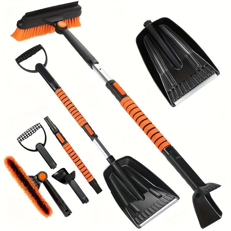 TEMU Multifunctional Car Snow Shovel - Dual-end Aluminum Brush, Rotatable Ergonomic D-grip, Adjustable Pole, Scraper & , Winter Auto Accessory For