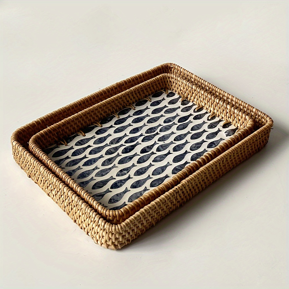 1pc Rattan Serving Tray Set With Fish Pattern - Decorative Rectangular Wicker Trays For Home, Kitchen, Coffee Table, Or Dining - High-quality Storage Basket Set Non-food Contact, Non-food Contact