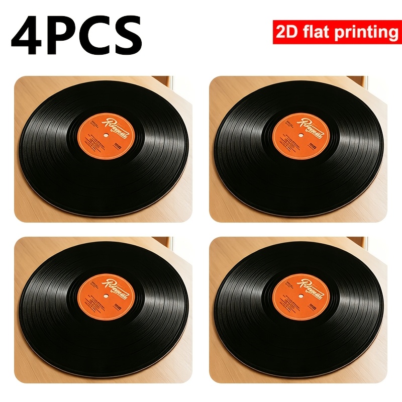 TEMU Lot de 4 sets de table ronds de disque vinyle, résistants à la chaleur, pour une utilisation intérieure/extérieure, avec musique rétro, surface