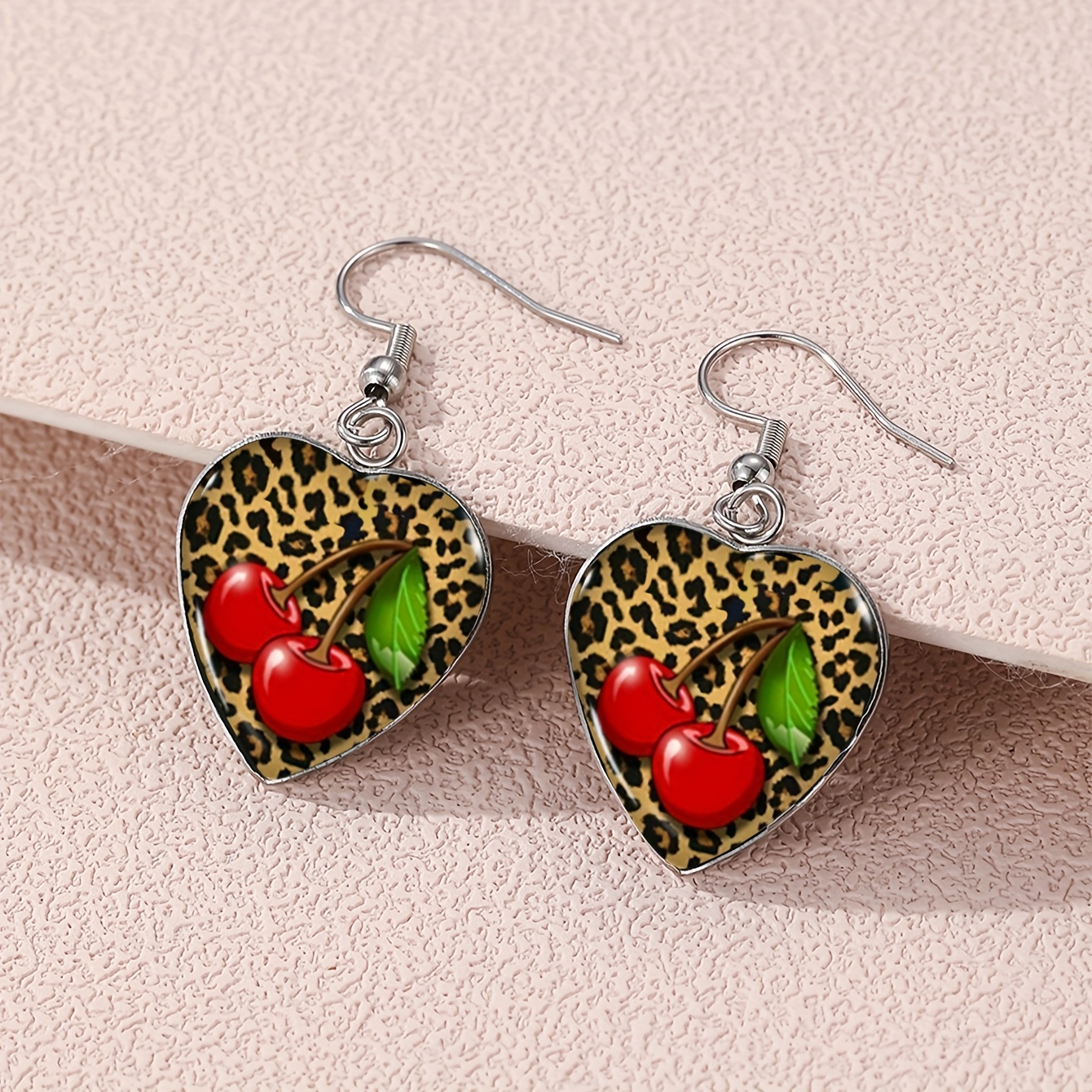 TEMU A Pair Of Rock- And Leopard Cherry Patterned Drop Earrings - Jewelry With A Wild And Sexy Leopard Style, Suitable As Gifts For Men And Women
