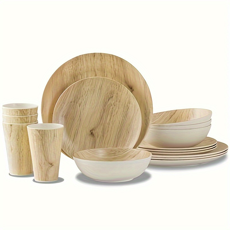 

16 Pcs Melamine Dinnerware Set Service For 4, Woodland Melamine Plates Set With Bowls And Cups, Non-breakable Lightweight Dining Tableware Indoor And Outdoor Use, Dishwasher Safe, Wood Grain