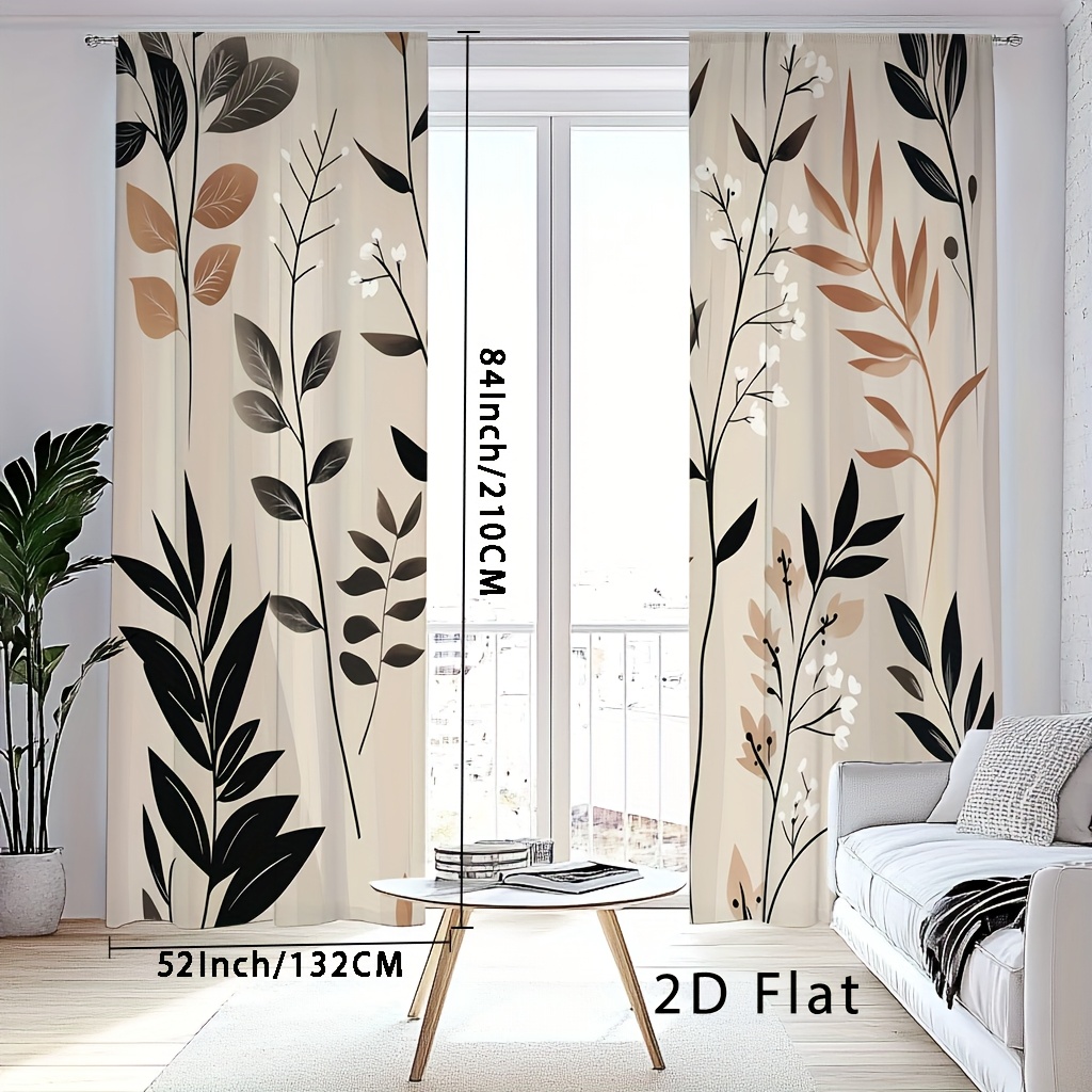 TEMU 2d Flat, 2pcs, 2d Flat Plant Pattern Printed Curtains, Blackout Curtains 96 Inches Long, Curtains For Living Room, Boho Sheer Curtains, Curtains