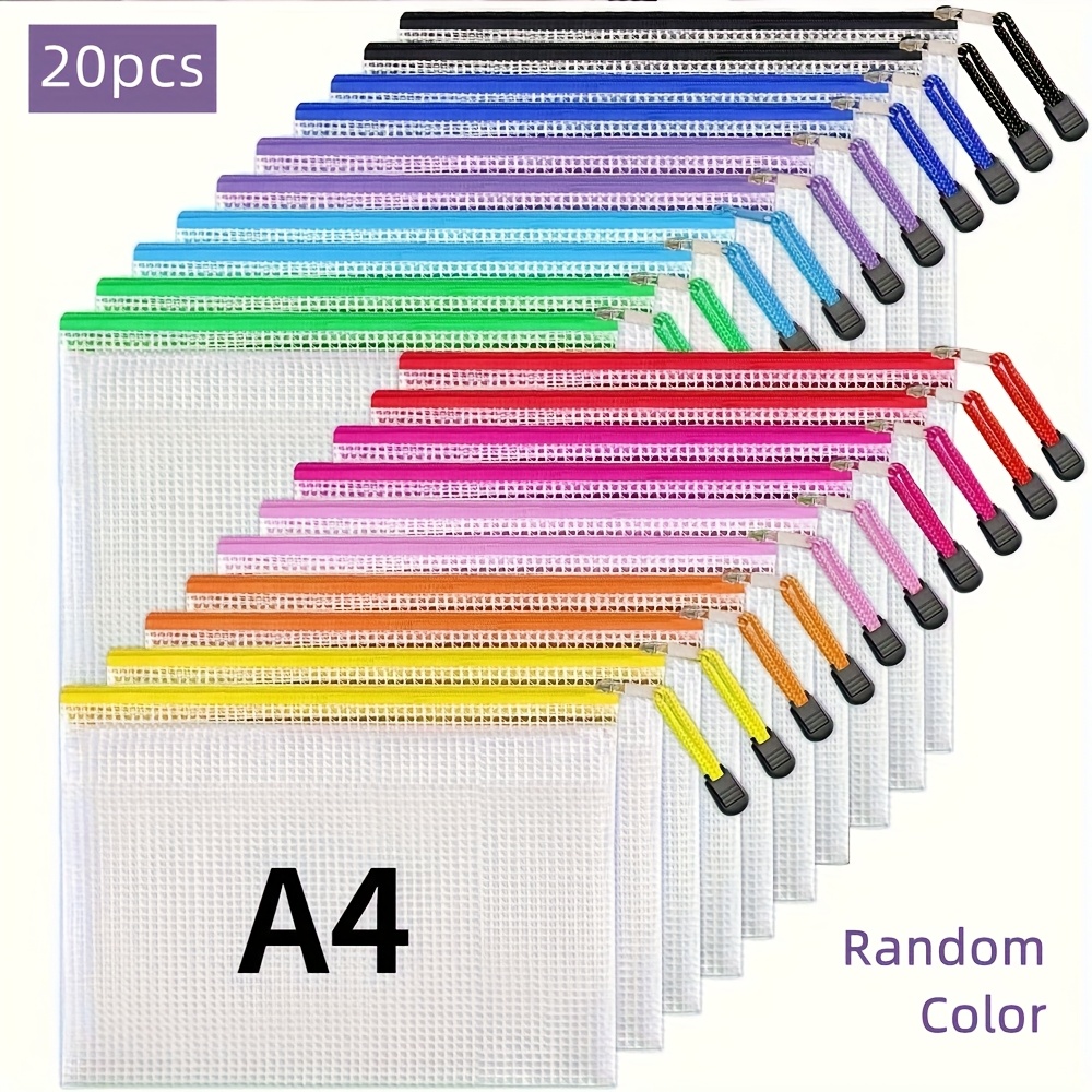 20-pack Multisizes(a4/a5) Mesh Zipper Pouch,random-color With Zipper Pull & Handles - For Documents/office Supplies/puzzle Craft Storage