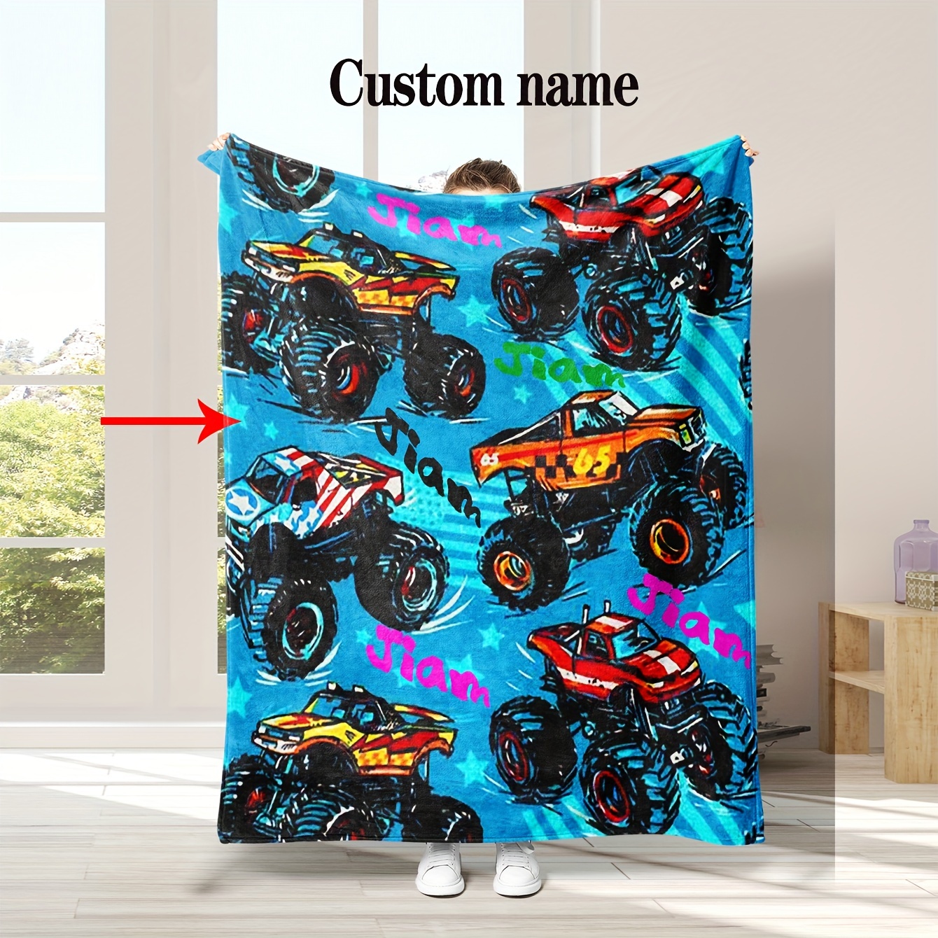 

Customizable Name Monster Truck Print Reversible Flannel Fleece Blanket - Digital Printed Bedding For Boys And Girls - Multipurpose Soft Polyester Throw For Sofa, Bed, Camping And Travel Gifts