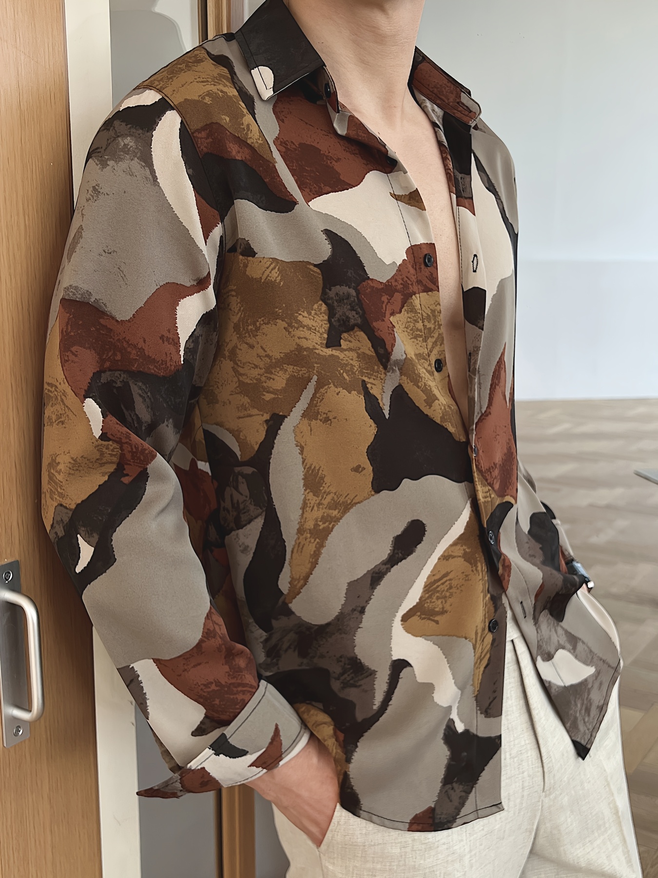 Men'S Casual Summer Beachwear - Soft, Long Sleeve Button-Up Shirt with Camouflage Print, Lightweight Polyester, Perfect for Vacation or Leisure Activities, Vacation Clothing | Stylish Casualwear | Soft Texture Shirt