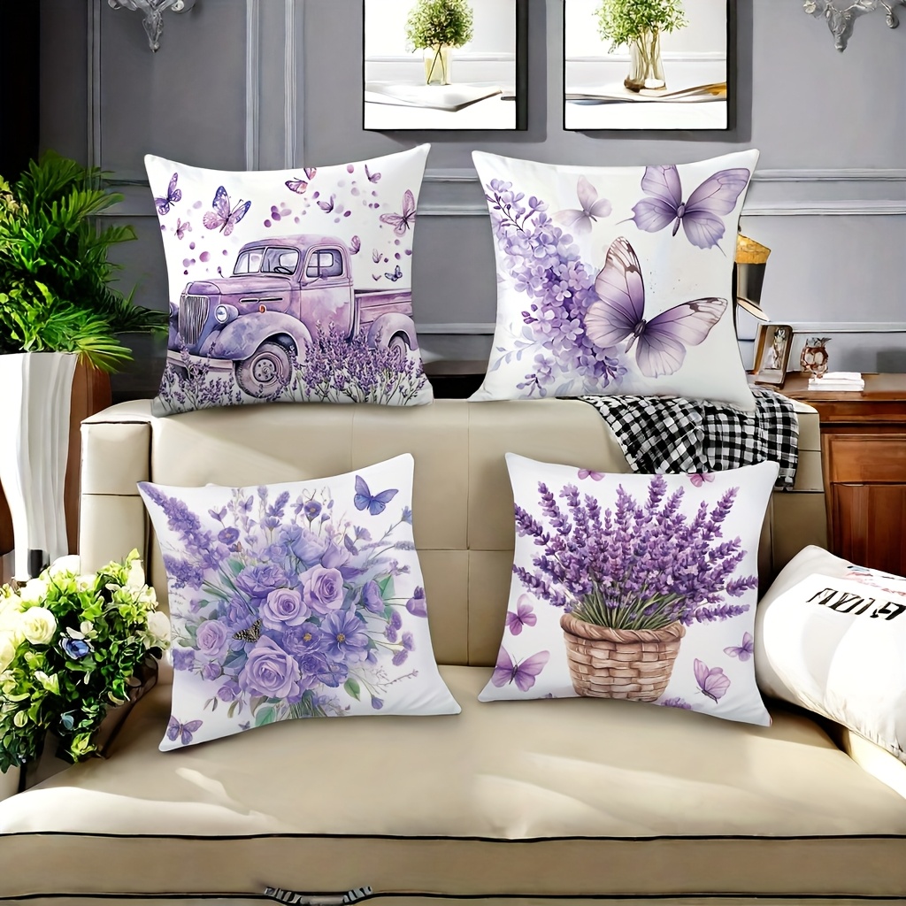 4pcs spring floral vintage car print pillow covers 17 7x17 7 inch soft lavender decorative pillowcases double sided contemporary design with zipper closure machine washable for bedroom living room sofa decor vintage pillow covers bedroom accessories   pattern   fabric Product details 1
