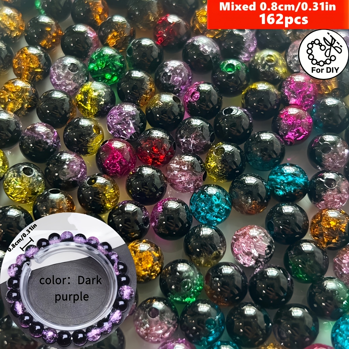 TEMU Perles craquelées acryliques noires de haute qualité, 8 mm, 162/81 pièces, pour la fabrication de bijoux et la décoration
