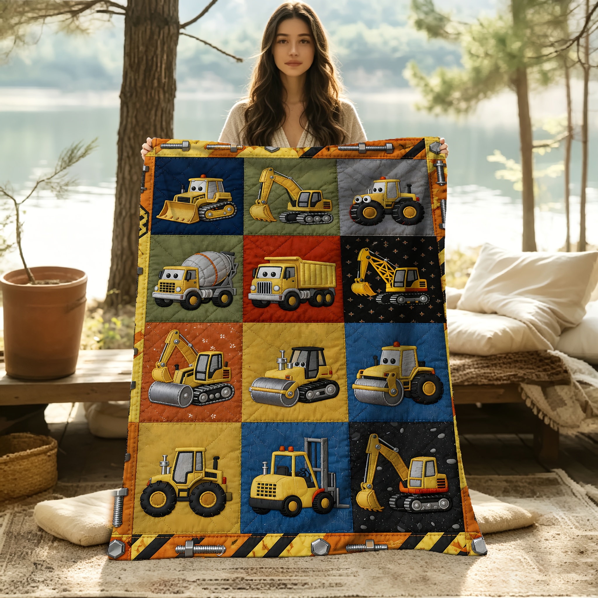 TEMU 2d Flat Printing 1pc, Fleece Engineering Vehicle Theme Blanket, Warm Soft Comfortable Multi- Cartoon Excavator Bulldozer And Other Construction