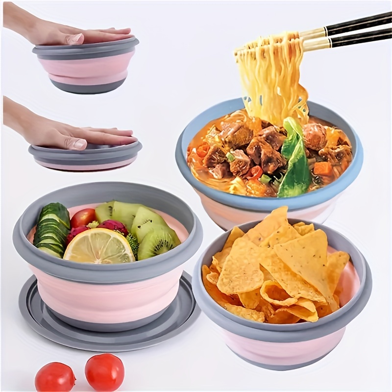 

3pcs/set Collapsible Silicone Bowl With Cover, Different Sizes To Needs, Portable Tableware Picnic Camping Bowl Kit Telescopic Collapsible Salad Dish For Kitchen