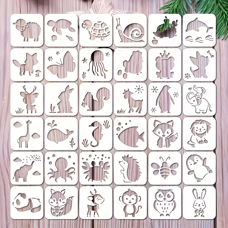 TEMU 36pcs Animal Stencil Templates - 3-inch Reusable Stencils With Owl, Rabbit, Fox, Sheep, Deer & More For Diy Crafts, Fabric, Walls - Durable