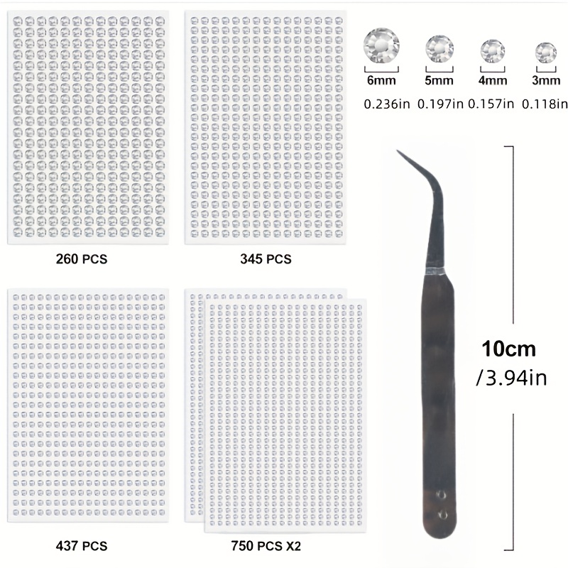 E-shop 5 Blätter Selbstklebende Klare Strasssteine-Aufkleber - 4 Größen (3mm/4mm/5mm/6mm) mit Pinzette für Make-up, Bastelarbeiten, Haarschmuck,