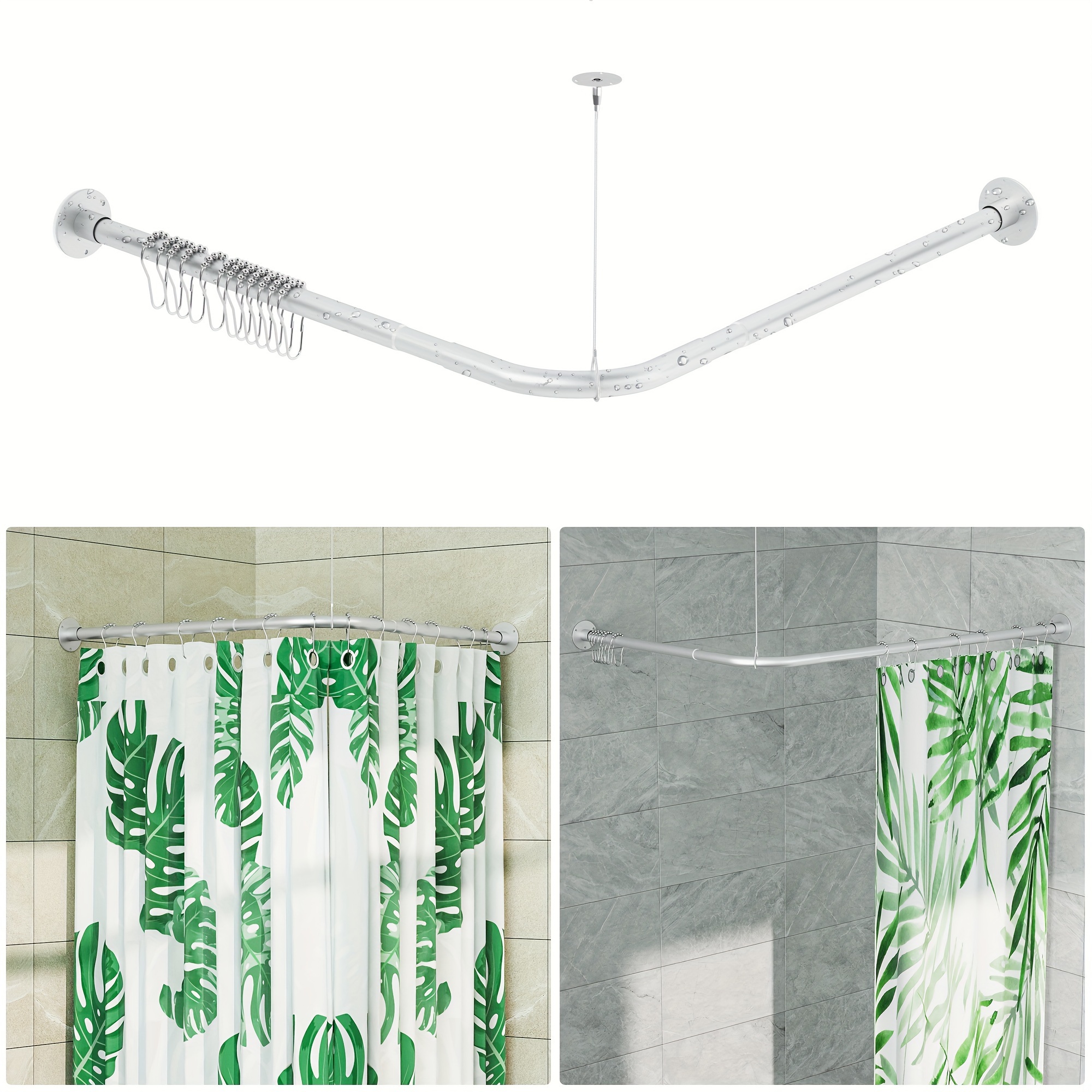 

Corner Shower Curtain Rod, Adjustable [23.81"-37.4"] X [23.81"-37.4"] L Shaped Shower Curtain Rod, Need To Drill Bathroom Bathtub Shower Curtain Rod With Ceiling Support, Silver