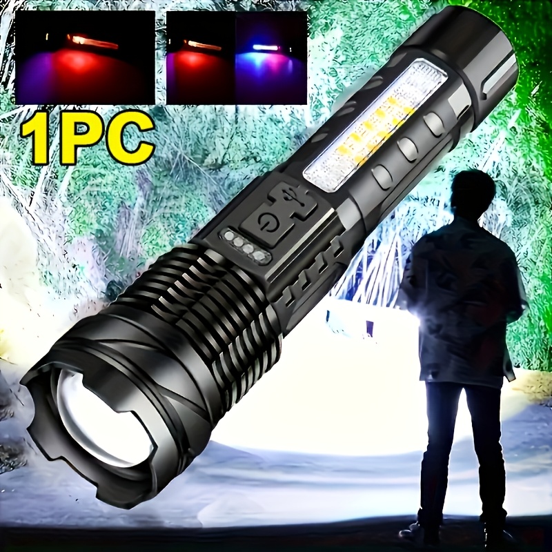 TEMU 1pc Rechargeable Led Flashlight With 7 Modes - Usb Powered, Strobe Light For Home Emergencies & Camping