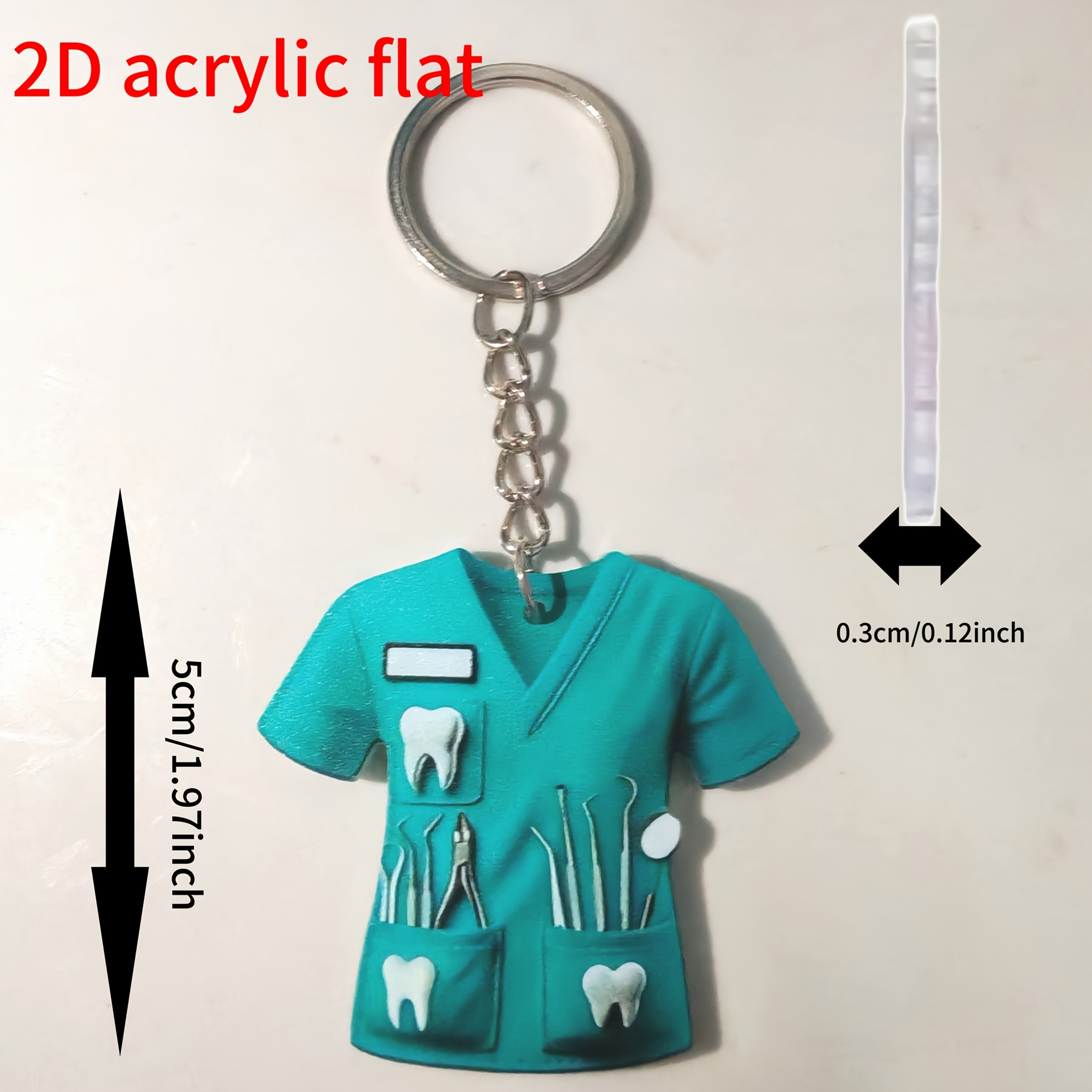 2d Flat, 2d Flat Acrylic Dental Nurse Keychain - Waterproof Shirt & Dental Tools Design With Accessories, An Ideal Gift For Dental Professionals , 2d Flat