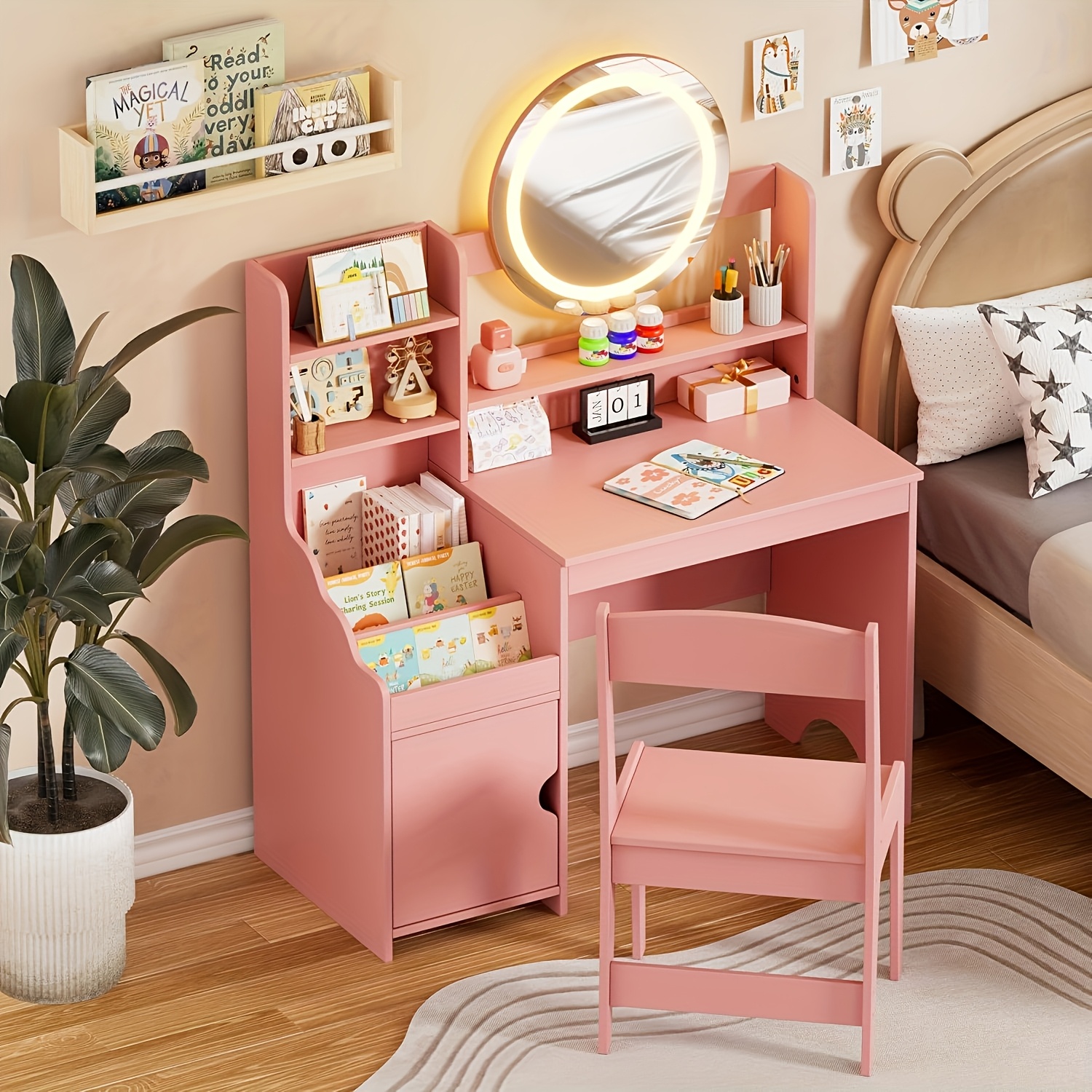 Wooden Vanity Set, A -one Dressing Table Set, A Princess Vanity With A Stool, A Hair Styling Table, A Makeup Desk With A Mirror And Cabinet, In White/pink