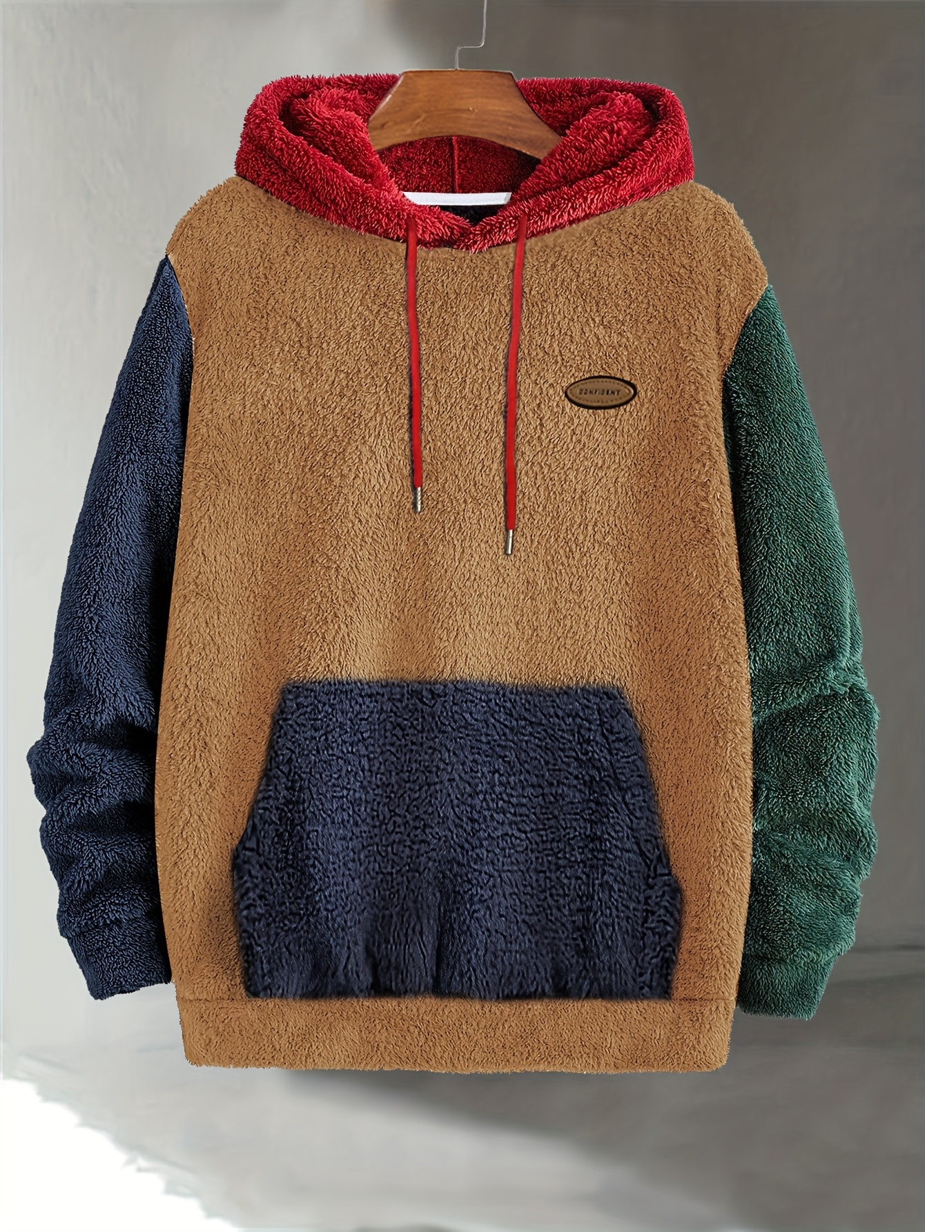 Men's Multicolor Fleece Hoodie with Patch - Warm, Casual Fall & Winter Sweatshirt with Drawstring Hood and Kangaroo Pocket, Casual Winter Wear|Color Block Hoodie|Soft Texture Sweatshirt