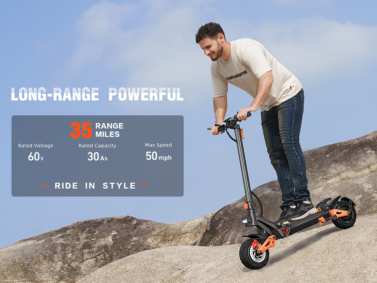 foldable adult electric scooter without seat featuring 11 inch tires 90 km range 60v 30ah battery 200kg load capacity and dual suspension ideal for urban commuting off road riding and travel low commuting costs with more   Product details 2